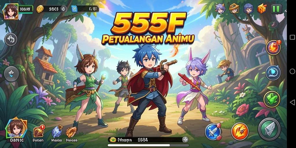 Tangkapan layar dari gameplay 555F yang menampilkan karakter anime beraksi.