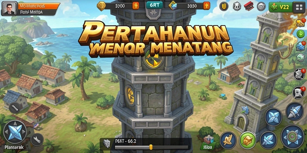 Screenshot gameplay 6RT yang menunjukkan serangan menara dalam Tower Defense.