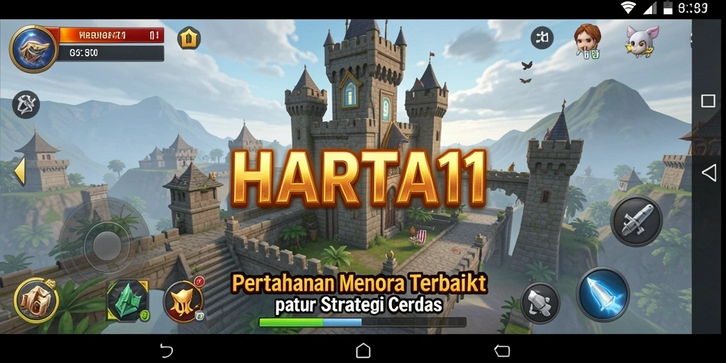 Screenshot gameplay HARTA11 menunjukkan pertahanan menara yang dinamis dan serangan musuh.
