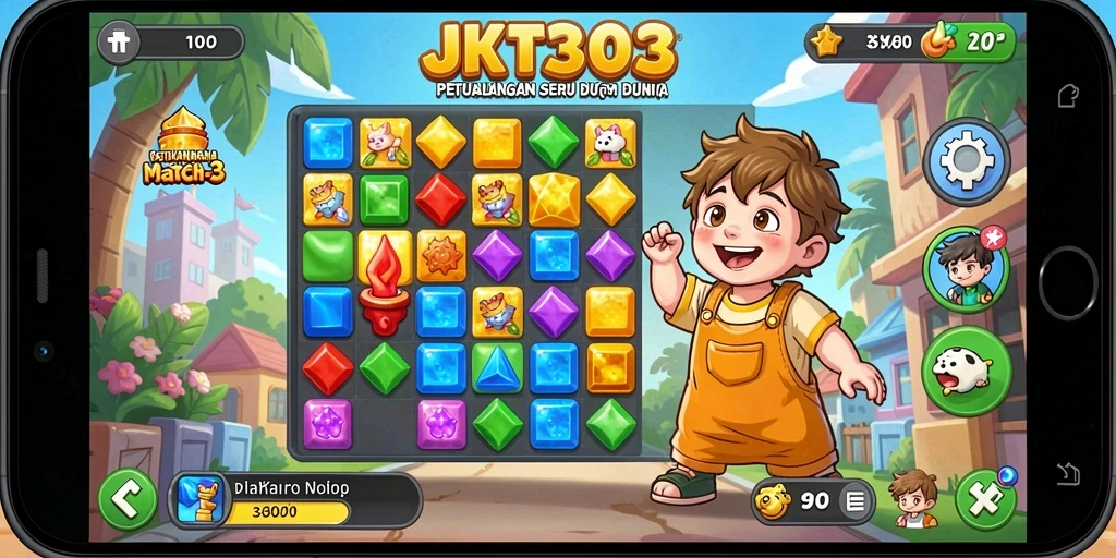 Tampilan utama gameplay JKT303 dengan elemen Match-3 yang cerah.