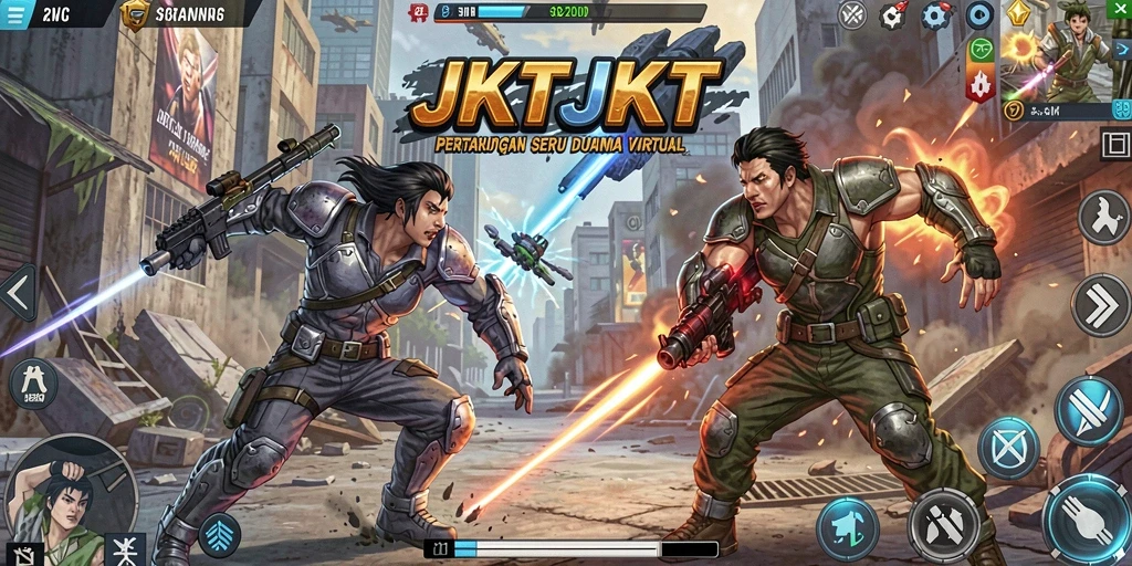 Screenshot utama JKTJKT menampilkan aksi pertarungan yang intens dan karakter yang beragam.