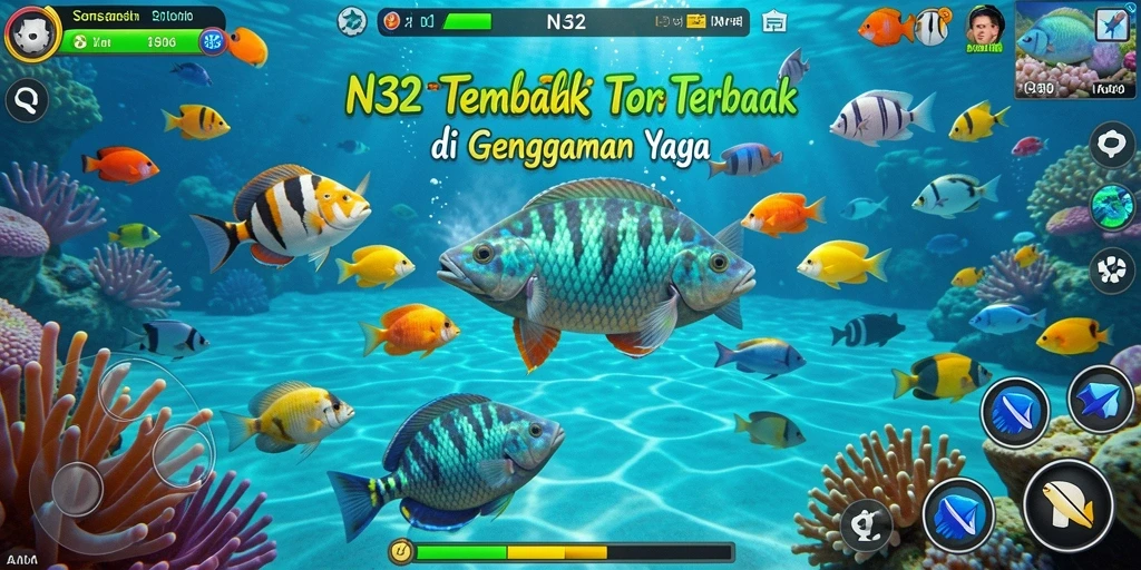 Gameplay N32 yang seru dengan berbagai ikan menunggu untuk ditangkap.