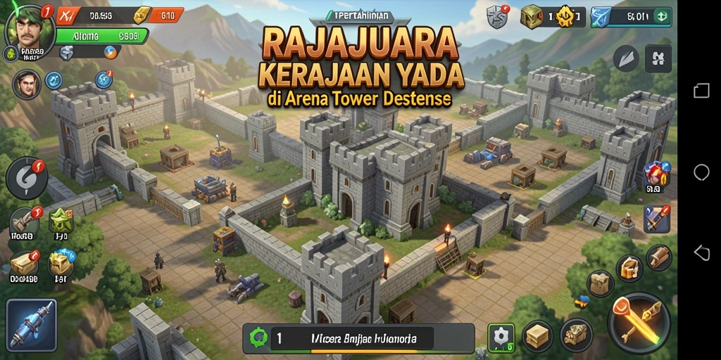 Screenshot gameplay RAJAJUARA menampilkan menara pertahanan di arena pertempuran.