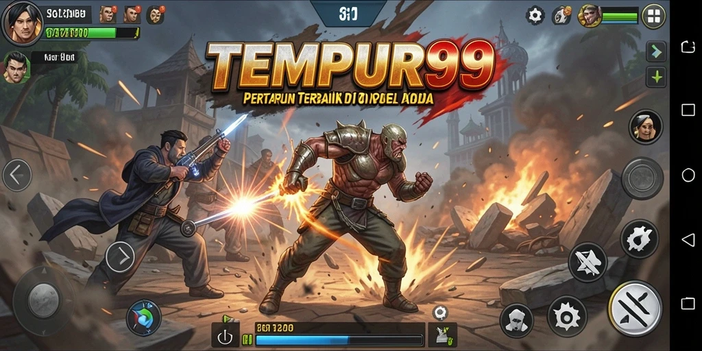 Gameplay TEMPUR99 menampilkan karakter bertarung dengan gerakan dinamis.